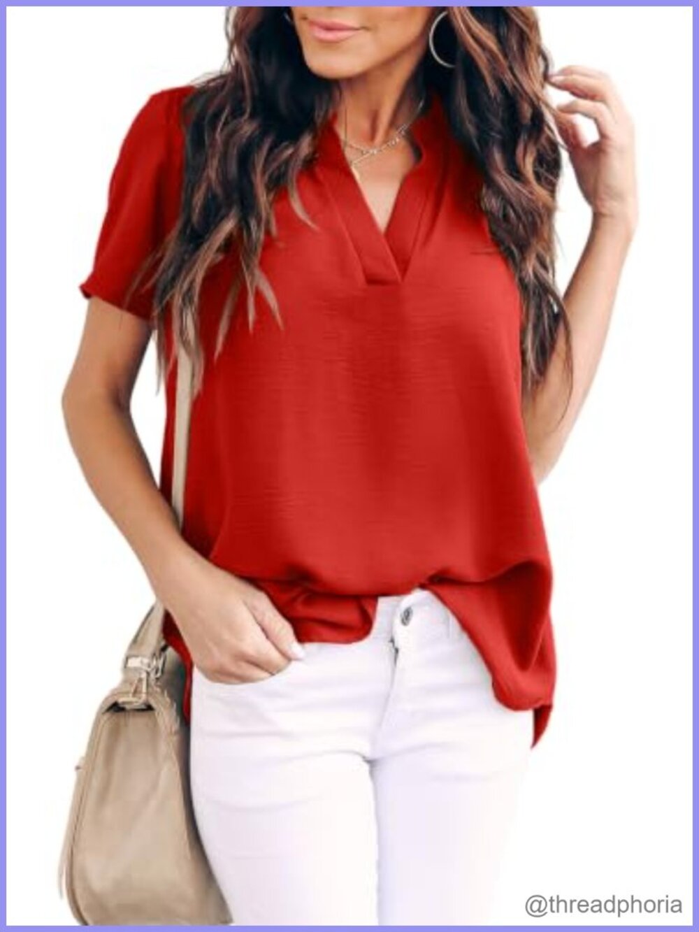 Women's Loose Fit Chiffon Tunic Blouse Split V Neck Short Sleeve